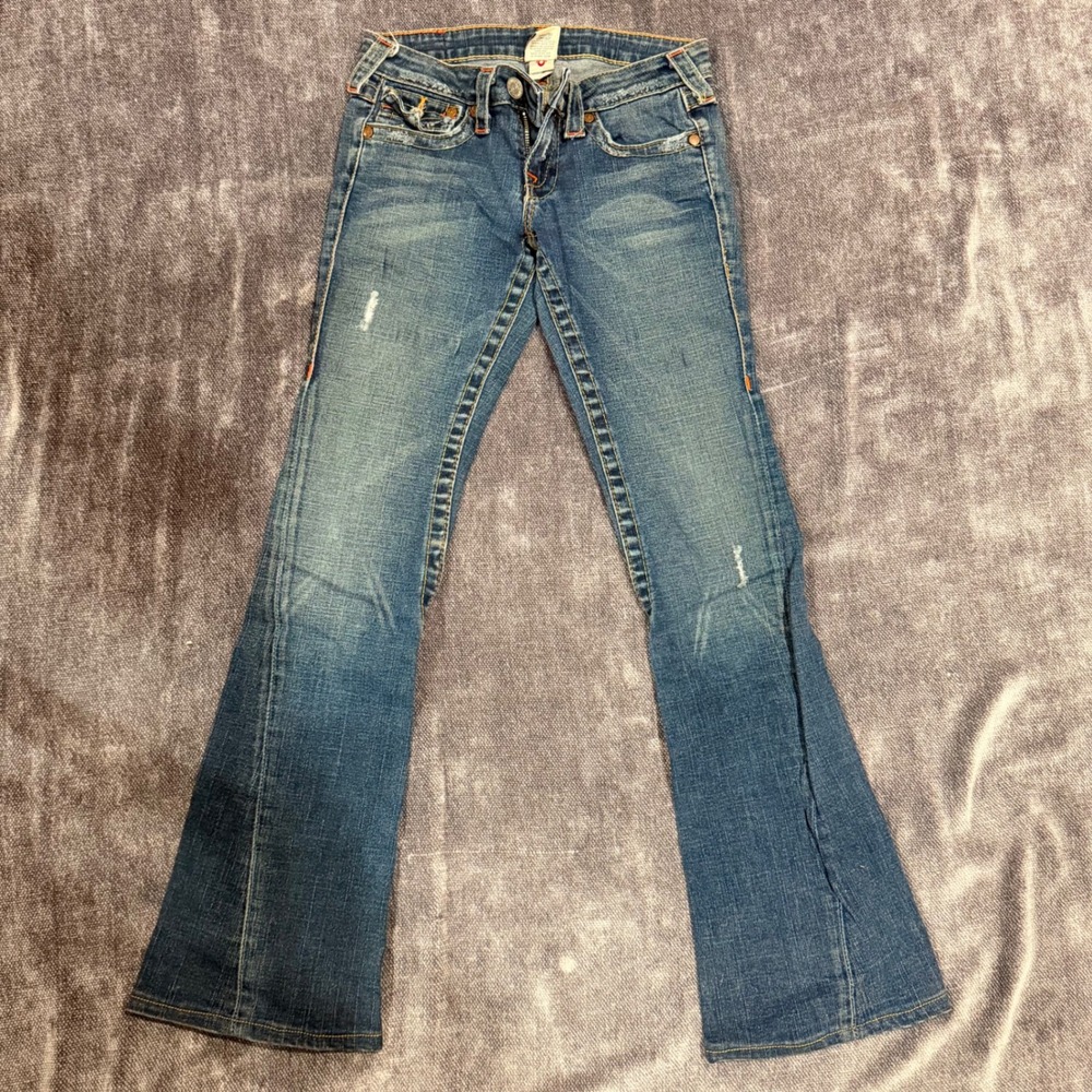 True Religion Joey Low Rise Flare Jeans Size 25 Distressed Denim Made in USA